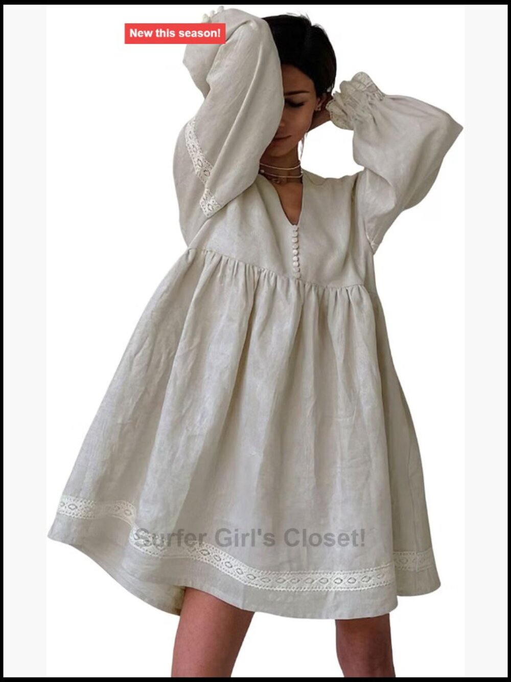 Women's Cotton Linen Babydoll Dress Long Sleeve Lace Trim V-Neck Mini Dress